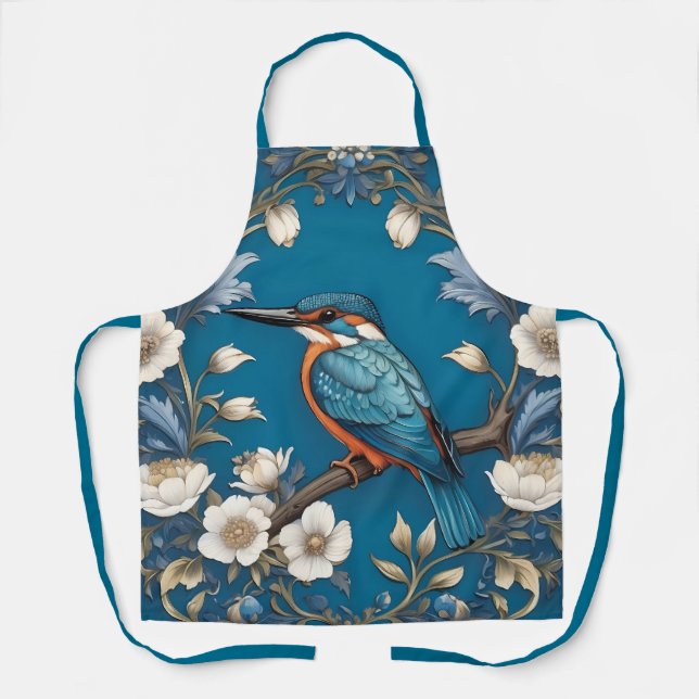 Delantal Elegante Turquoise Kingfisher Bird Floral (Anverso)