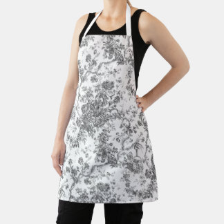 Delantal Elegante Vintage Francés Grabado Floral Toile-Gris