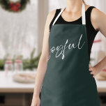 Delantal Elegante y alegre caligrafía blanca verde oscuro<br><div class="desc">Elegante y alegre caligrafía blanca verde oscuro con correas blancas.</div>