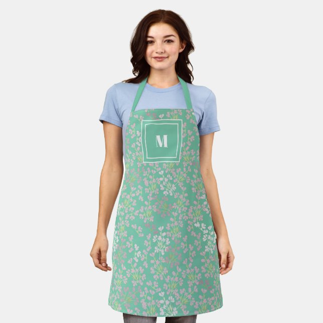 Delantal Elegante y Estiloso Monograma de Hojas de Menta Ve (Gastado)