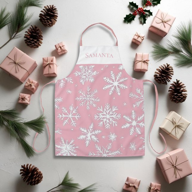 Delantal Elegante y vintage copos de nieve personalizados (Vintage Pink elegant Snowflakes Personalized Apron)