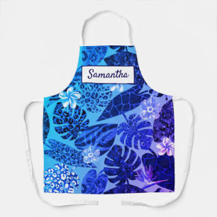 Delantal Elegantes hojas tropicales azules flores nombre pe