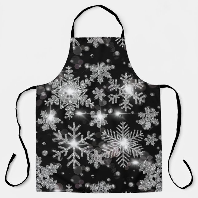 Delantal Elegantes Navidades copos de nieve de plata blanca (Anverso)