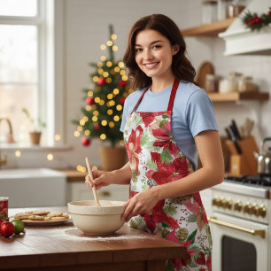 Delantal Elegantes Navidades Holiday Poinsettia Pine Cone