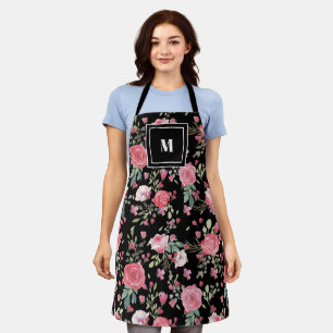 Delantal Elegantes rosas rosadas con monograma negro