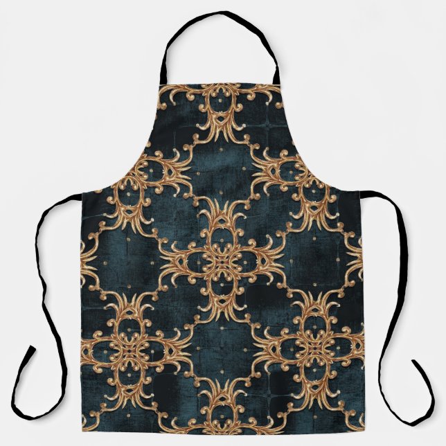 Delantal Elementos dorados barrocos, sin costuras verde azu (Anverso)