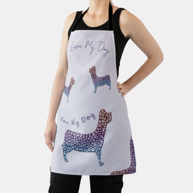 Delantal Embossed Indigo Gradient Paw Print Dog Outline (in situ)