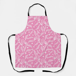 Delantal Encaje floral blanco sobre fondo rosa