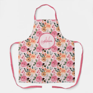 Delantal Encantador rosa, Naranja Tan Floral Monogramado