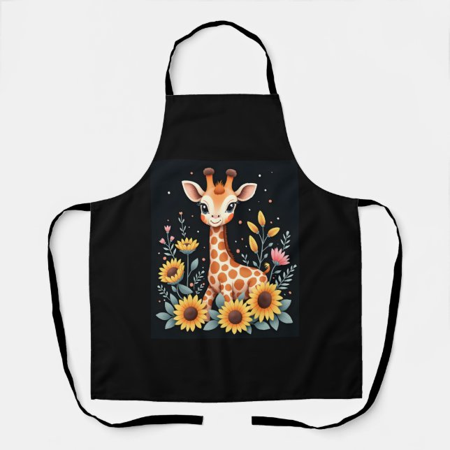 Delantal Encantadora Girafa Rodeada De Flores De Larga Mang (Anverso)