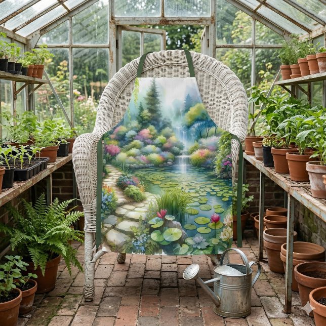 Delantal Enchanted Waterfall Garden Lily Pond (Enchanted Waterfall Garden Lily Pond Apron Over Wicker Chair)