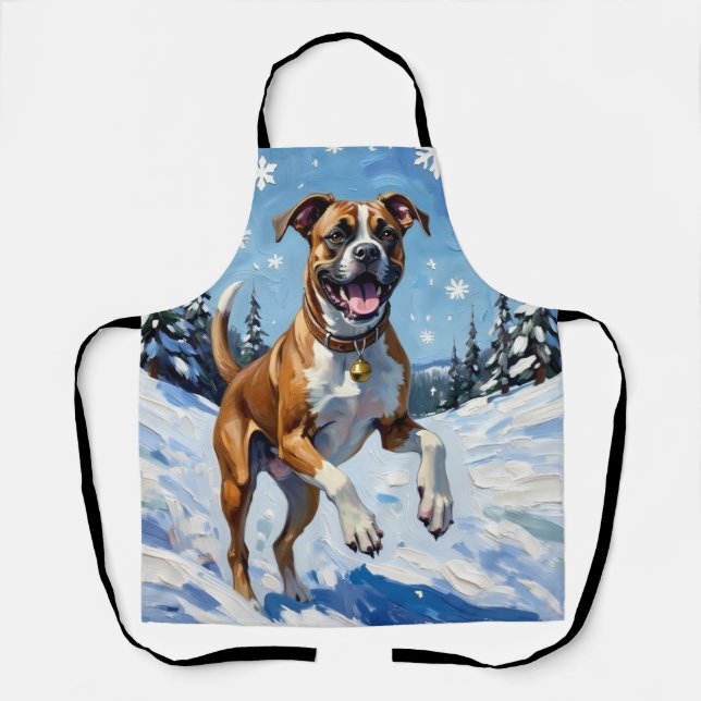 Delantal Energetic Boxer Dog Leaping in Winter Snow Fun (Anverso)
