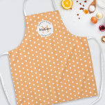 Delantal Engranaje de vintage de cocina personalizado<br><div class="desc">delantal de cocina personalizado con un fondo de melocotón elegante que se puede cambiar a cualquier color,  un patrón de puntos polka vintage,  su inicial,  nombre y una cita para preparar dulces.</div>
