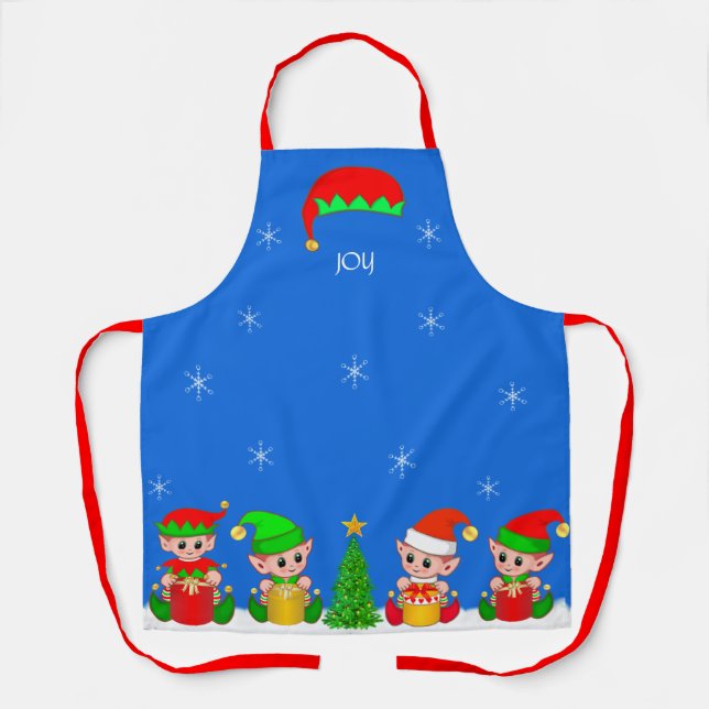 Delantal Equipo de duendes navideños lindos y copos de niev (Anverso)