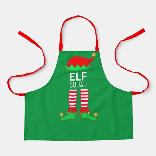 Delantal Equipo moderno de duendes de Navidad en verde (Anverso)