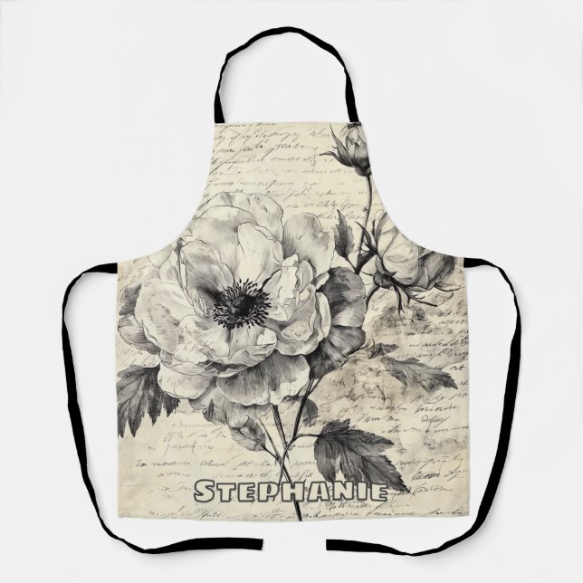 Delantal Esbozo floral rústico con caligrafía - edad (7) (Anverso)