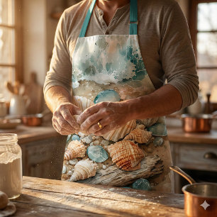 Delantal Escena de conchas de mar costeras en acuarela y ma