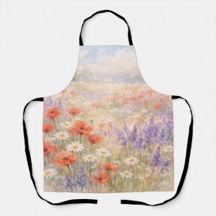 Delantal Escena de pradera de flores silvestres en acuarela