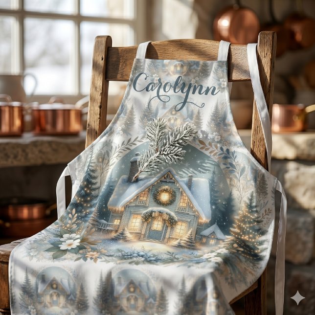 Delantal Escena de Resplandor de Cabaña Nevada (Snowy Cottage Glow Scene Apron)