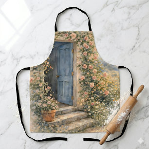 Delantal Escena del camino floral de la puerta azul del jar