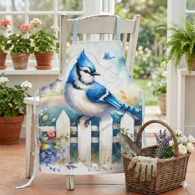 Delantal Escena del jardín de la cerca de la cabaña de arre (Blue Jay Cottage Garden Fence Scene Apron Hung Over Chair)