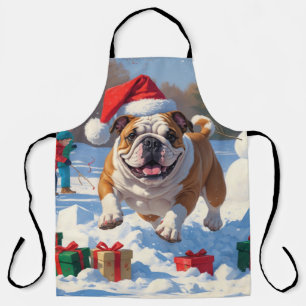 Delantal Escena Navideña Festiva de Nieve con Bulldog