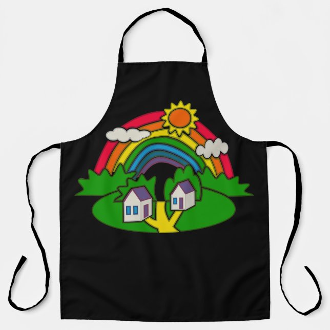 Delantal Escena rural personalizado con arcoiris y casa de  (Anverso)