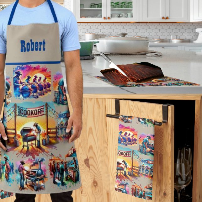 Delantal Escenas de Cocina de Cowboy Occidental BBQ 1 Perso (BBQ Cookoff Apron Customize the name. Colorful BBQ cooking scenes.)
