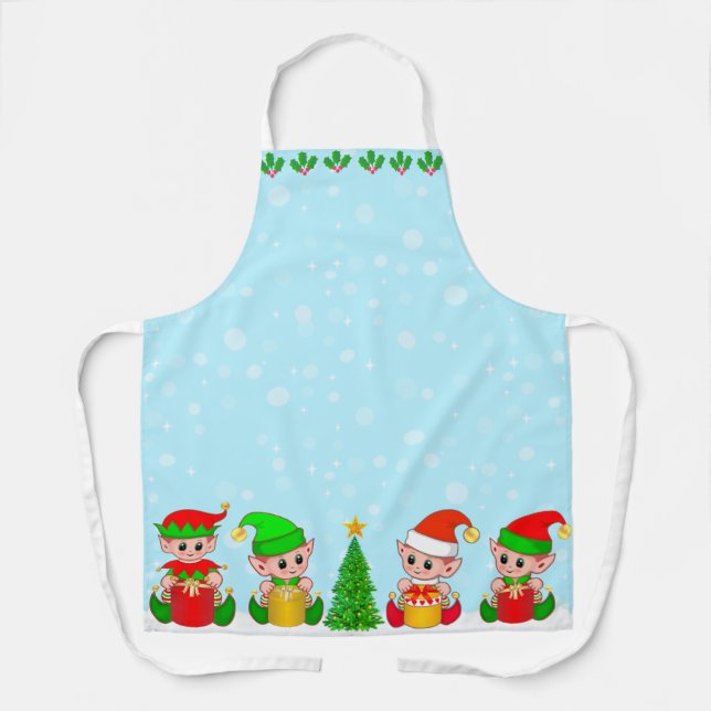 Delantal Escuadrón de elfos de Navidad modernos sobre azul  (Anverso)