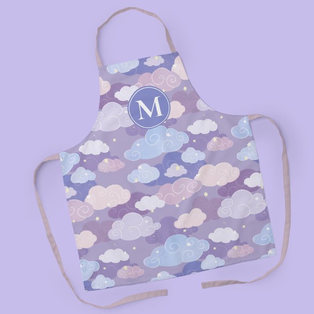 Delantal Espectacular patrón de nubes pasteles y estrellas (Whimsical Purple Clouds & Sky Pattern Apron with Personalized Monogram)