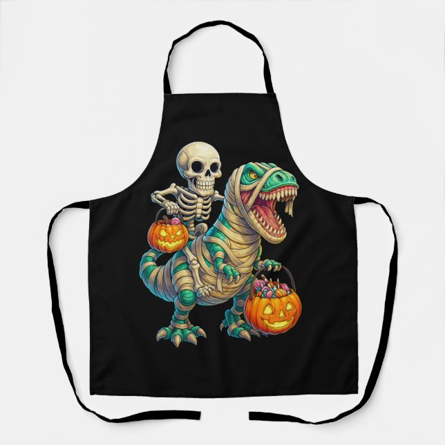 Delantal Esqueleto Caprichoso Montando T-Rex Momia Hallowee (Anverso)