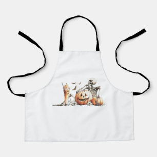 Delantal Esqueleto con calabaza y bebida. Halloween.