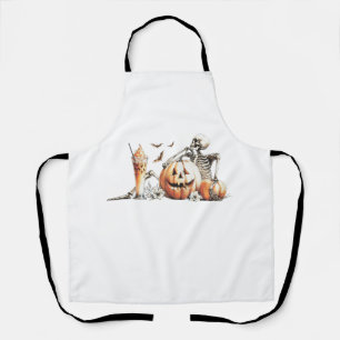 Delantal Esqueleto con calabaza y bebida. Halloween.
