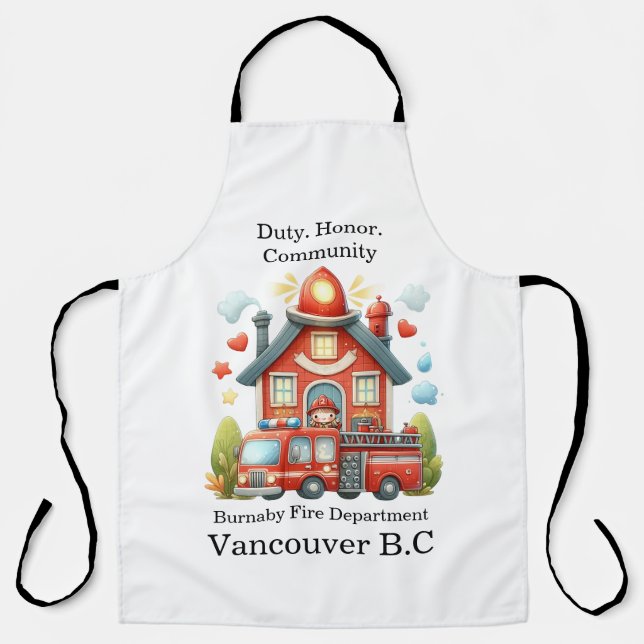 Delantal Estación y camión de bomberos rojos alegres (Anverso)