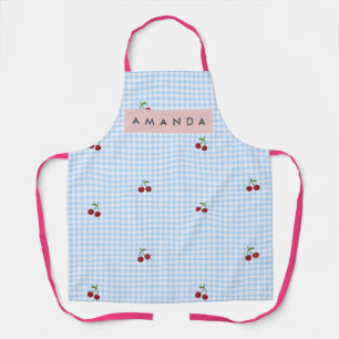 Delantal Estampado de Cereza a Cuadros Azul Retro Personali
