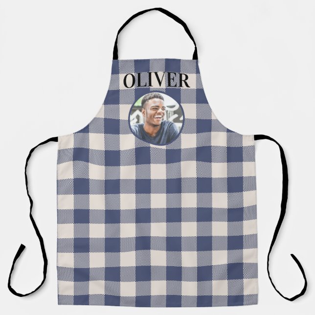 Delantal Estampado de Cuadros Azules Clásicos Gingham con N (Anverso)