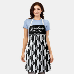 Delantal Estampado de damasco vintage en rayas blancas y ne