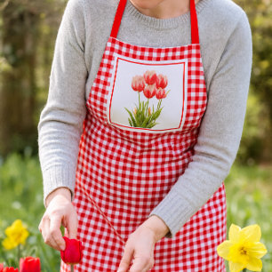 Delantal Estilo campestre cuadros rojos con tulipanes rojos