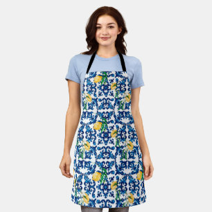 Delantal estilo italiano, mediterráneo, mosaico, azul, limó