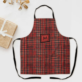Delantal Estilo Patrón de Tartán Rojo y Negro y Monograma