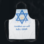 Delantal Estrella de David, Menorah Hanukkah Sameach<br><div class="desc">Estrella de David y Menorah en este delantal con saludo de Hanukkah Sameach y texto editable. Puede borrar el cuadro de texto si no es necesario.</div>