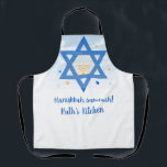 Delantal Estrella de David, Menorah Hanukkah Sameach<br><div class="desc">Estrella de David y Menorah en este delantal con saludo de Hanukkah Sameach y texto editable. Puede borrar el cuadro de texto si no es necesario.</div>