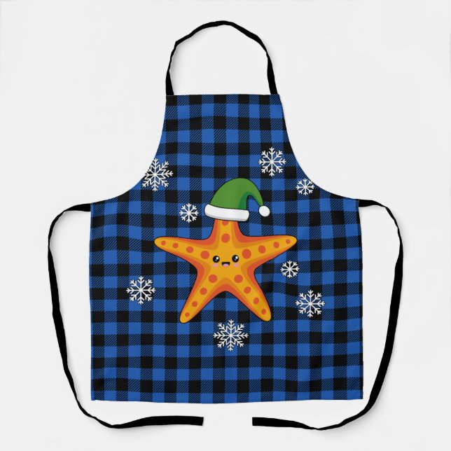 Delantal Estrella de mar Kawaii Xmas sobre patrón de Búfalo (Anverso)