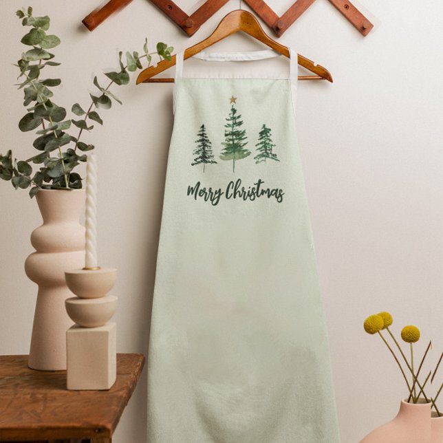Delantal Estrella de oro de navidad (Merry Christmas Green 3 Pine tree Holiday Apron)