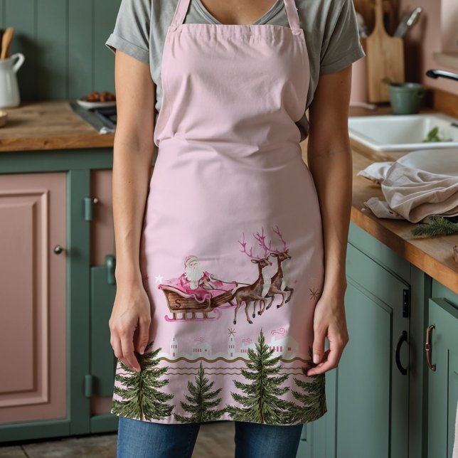 Delantal Fa La Merry Navidades rosas y renos de Santa Selig (Fa La Merry Pink Christmas Santa Seligh Reindeer Apron)