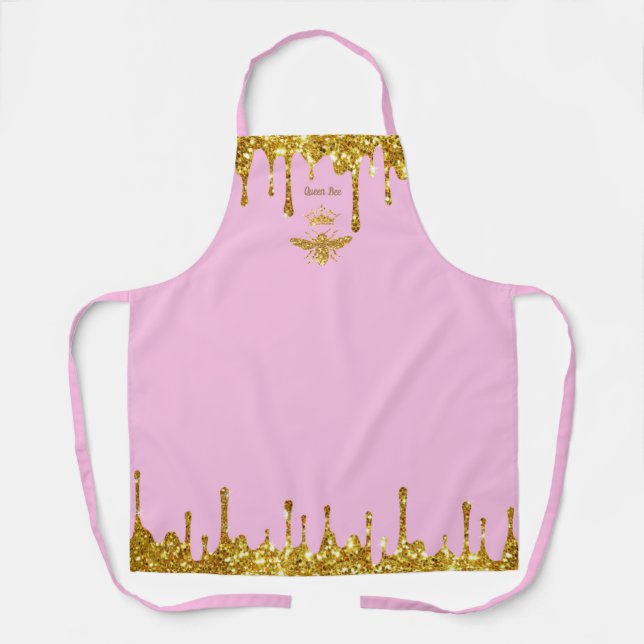 Delantal falso purpurina gotea abeja reina en rosa (Anverso)