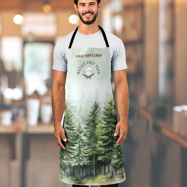 Delantal Familia Cabina Árboles Forestales Green Master Che (Family Cabin Pinewood Forest Green Master Chef Apron)