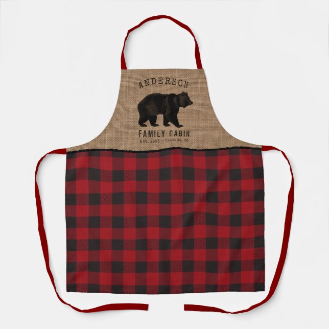 Delantal Familia Rustic Bear Cabina Red Buffalo Plaid Burla (Anverso)