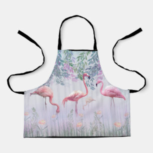 Delantal Familia tropical Cute Flamingos rosados acuarela