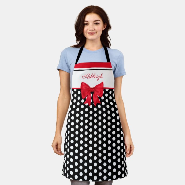 Delantal Fancy Polka Dots, Red Bow Apron (Gastado)
